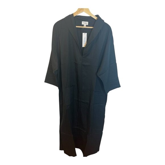 Terea By Andrea Pitter Black 100% Tencel Shirt Dress XXL MIDI 3/4 Sleeves Pocket - Picture 2 of 11